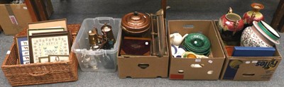 Lot 1022 - Assorted ceramics including two planters; plated wares; miner's lamp; copper items etc (five boxes)