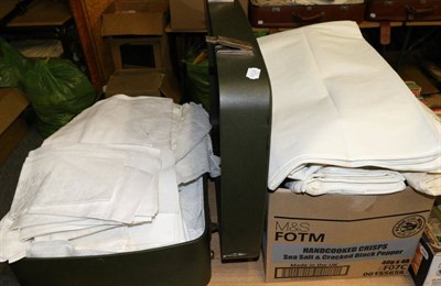 Lot 1029 - Assorted white linen, table linen, bed cover etc (in a box and a suitcase)