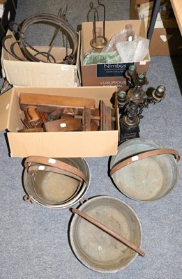 Lot 1032 - Assorted wood planes; light fittings; Victorian bronze mounted slate candelabrum and various...