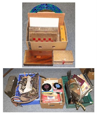 Lot 1043 - Four boxes of horse tack, records, a small oak wall mounted rack, various chess boards etc