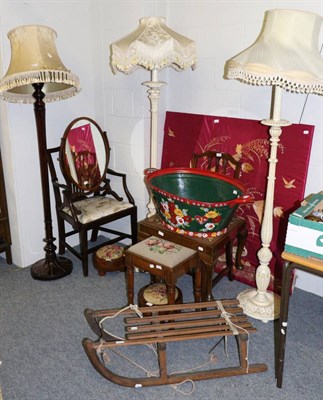 Lot 1045 - Mixed furniture and other items including a hall stand, standard lamps, a vintage sledge, a painted