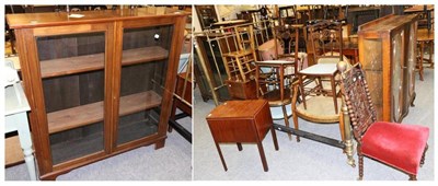 Lot 1054 - Group of furniture comprising a glazed mahogany bookcase, two bedside tables, six various...