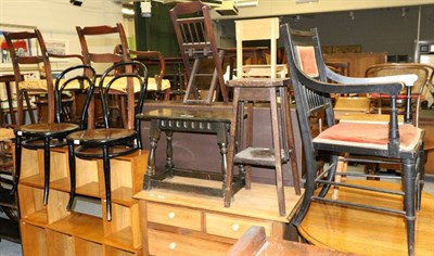 Lot 1059 - Group of furniture comprising two bookcases, court cupboard, gateleg table, four stools, five...