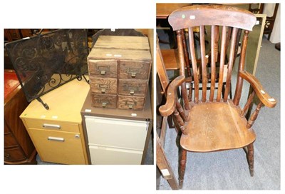 Lot 1063 - Windsor style armchair, two mirrors, pine folding table, oak correspondence rack, two filing...