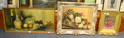 Lot 1083 - I Richardson, still life of flowers and another of bottles and fruit and a gilt framed print of...