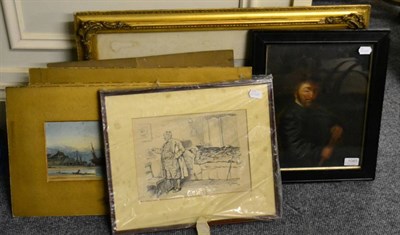 Lot 1085 - A group of assorted pictures to include three water colours by Mortimer, a pen and ink cartoon by G