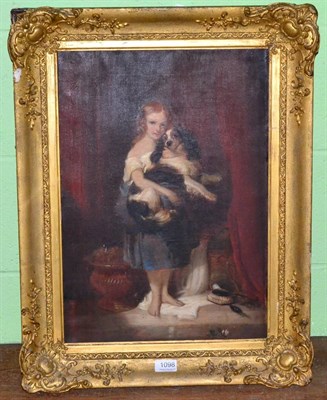 Lot 1098 - A 19th century full length portrait of a young girl holding a King Charles dog, oil on canvas...