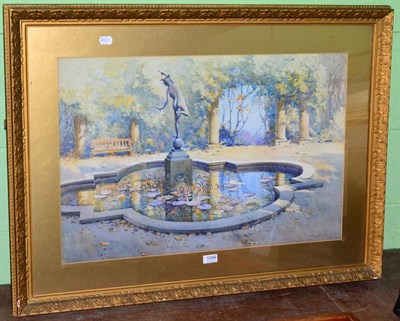 Lot 1099 - Harry Wanless, garden scene with pond and statue, watercolour, signed lower right