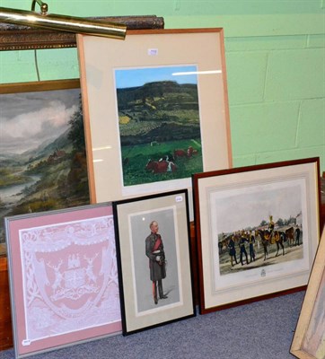 Lot 1102 - Piers Browne, Addlebrough, Wensleydale, print numbered 34/50; two military prints and a framed...