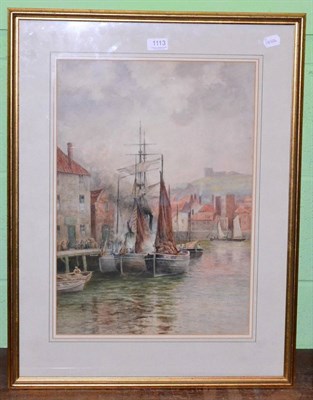 Lot 1113 - F Barker (?), harbour scene, possibly Whitby, watercolour, signed lower left