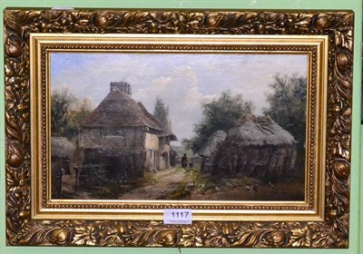 Lot 1117 - A 19th century English school, farm buildings with figure, dog and duckling in the foreground,...