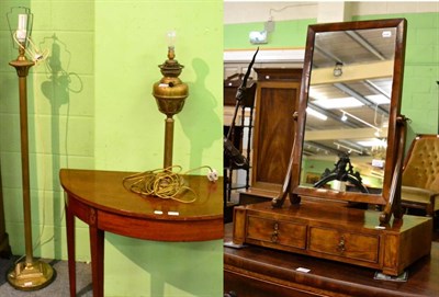 Lot 1128 - A 19th century mahogany mirror together with a brass columnar standard lamp and similar oil...