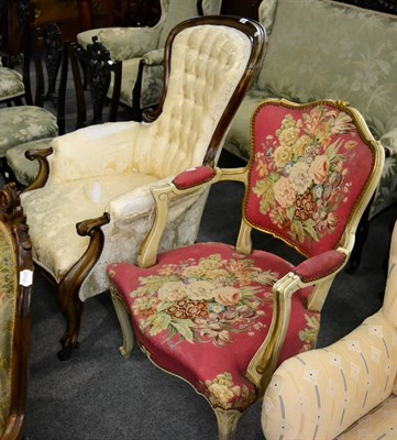 Lot 1184 - Mahogany framed button back armchair, together with a reproduction painted and upholstered fauteuil