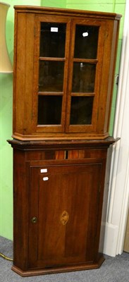 Lot 1211 - George III inlaid mahogany hanging corner cupboard, together with a small glazed oak example