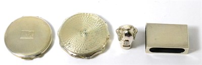 Lot 8 - Silver comprising two compacts, matchbox holder and hound head vesta case