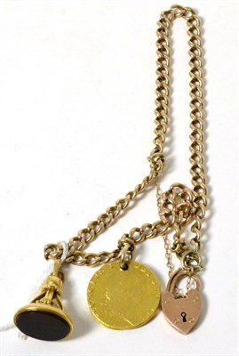 Lot 19 - A 9ct gold chain with two soldered George III coins and a hardstone fob