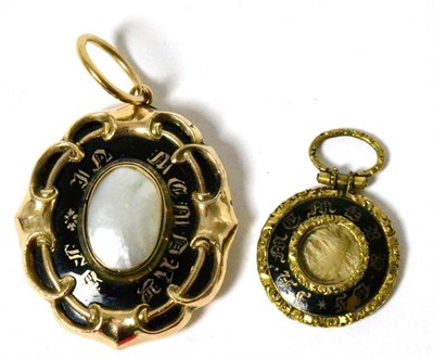 Lot 28 - Two Victorian yellow metal and enamel mourning pendants, one mounted with a Mabe pearl (2)