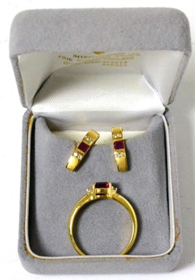 Lot 30 - A ruby and diamond ring and earring set