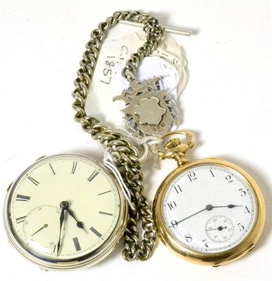Lot 34 - A silver pocket watch and watch chain and a gold plated Elgin pocket watch (2)