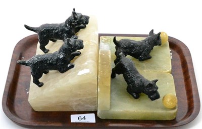 Lot 64 - Pair of cold painted bronze terriers mounted on alabaster bookends, together with a similar...