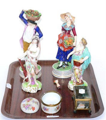 Lot 73 - Two pairs of porcelain figures, an agate box and porcelain oval lidded box (6)