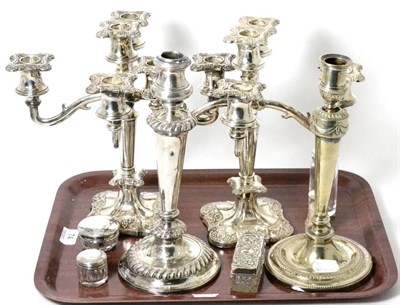 Lot 74 - Five silver lidded boxes and jars and four plated candlesticks/candelabra