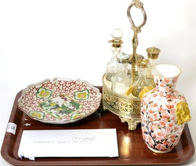 Lot 75 - A Royal Crown Derby vase with lion mask handles, a Japanese dish and a Sheffield plate cruet