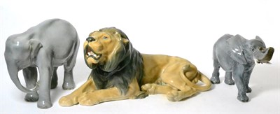 Lot 76 - Royal Copenhagen porcelain model of a lion; another of an African elephant; and one of an...