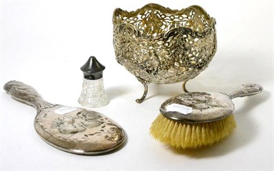 Lot 79 - A pierced basket stamped underneath 800, with glass liner, cherub decorated silver hand mirror,...