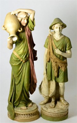 Lot 96 - Two Royal Dux figures, one a female water carrier; the other of a hunter carrying game