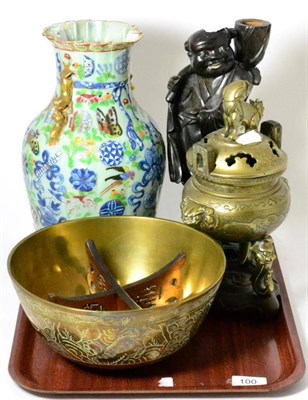 Lot 100 - A Chinese celadon glazed vase, bronze koro and cover, similar bowl and rootwood carving