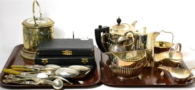 Lot 101 - A quantity of silver plated items, including a biscuit barrel, teaware, cutlery etc (two trays)