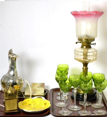 Lot 102 - A brass column oil lamp; a set of nine cut glass hock glasses; a Victorian electroplated ewer...