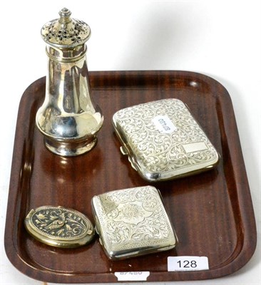 Lot 128 - A silver engine engraved cigar case; similar cigarette case; plated caster and a plated oval...