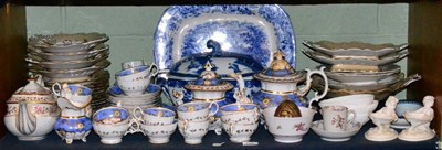 Lot 150 - A shelf of 19th century ceramics including dessert service, teapot, blue and white tureen,...