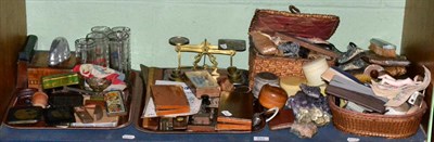 Lot 151 - Collectables including postal scales, drawing sets, rulers, tins, sewing related items, etc...