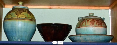 Lot 168 - Four pieces of studio pottery; a bowl, a charger and two covered jars