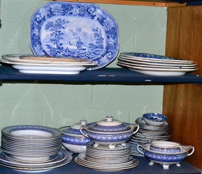 Lot 173 - Maling ware part dinner service and blue and white transfer printed meat plates etc (two shelves)