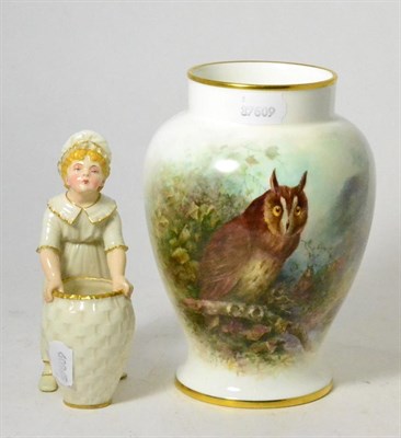 Lot 190 - Coalport china vase, painted with long eared owl, signed R Budd and a Royal Worcester china...