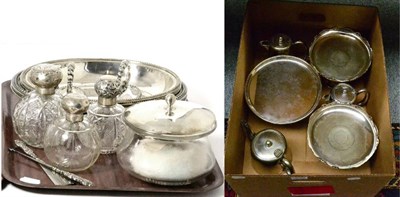 Lot 196 - Three silver mounted cut glass spherical scent bottles; a silver topped glass dressing table pot; a