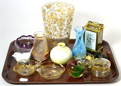 Lot 207 - A quantity of art glass, gilt decorated glass, Doulton vase, a carriage clock etc