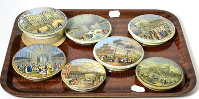 Lot 209 - A collection of seven Prattware pot lids including various Crystal Palace scenes