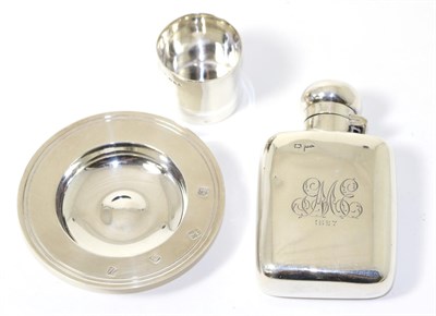 Lot 239 - A silver hip flask by Walker and Hall; together with a miniature dish and a small vessel (3)