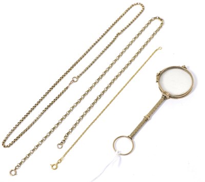 Lot 268 - Two 9ct gold chains, a belcher link chain and a lorgnette