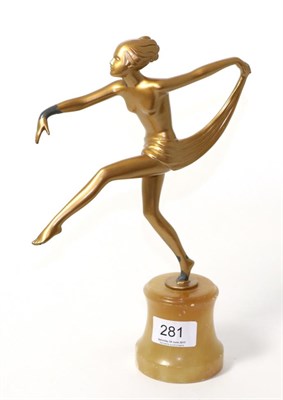 Lot 281 - Art Deco spelter figure modelled as a semi-nude dancer, in the manner of Lorenzl, on an...