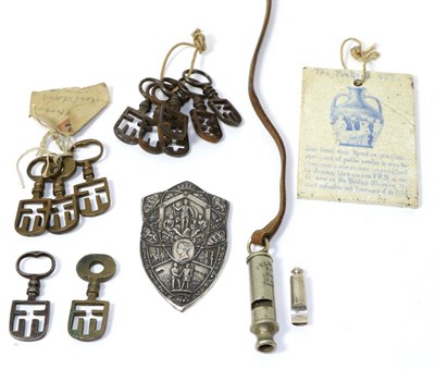 Lot 283 - Collectables comprising silver whistle, police whistle, assorted latch keys, Portland vase,...