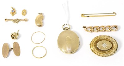 Lot 296 - A double hinged locket pendant, a curb link brooch, a Victorian brooch, a 9ct gold bean...