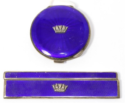 Lot 308 - A silver and blue guilloche enamel compact and comb set (some a.f.)