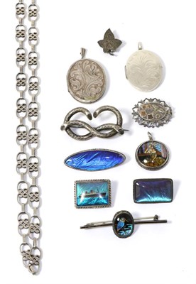 Lot 328 - Five pieces of butterfly wing jewellery, two lockets, three Victorian brooches and a silver...