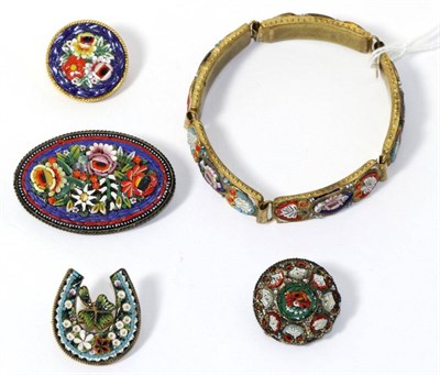 Lot 329 - A micro mosaic horse shoe brooch, three other micro mosaic brooches and a micro mosaic bracelet